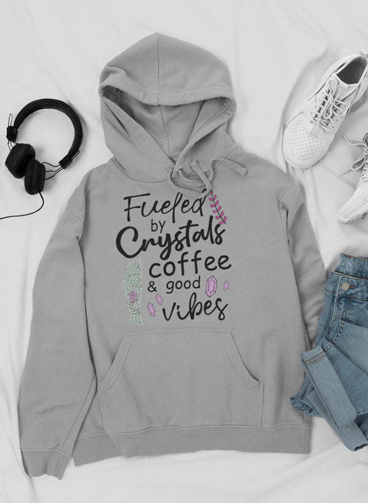 Athletic heather hoodie with drawstring hood, kangaroo pocket, “Fueled by Crystals” print.