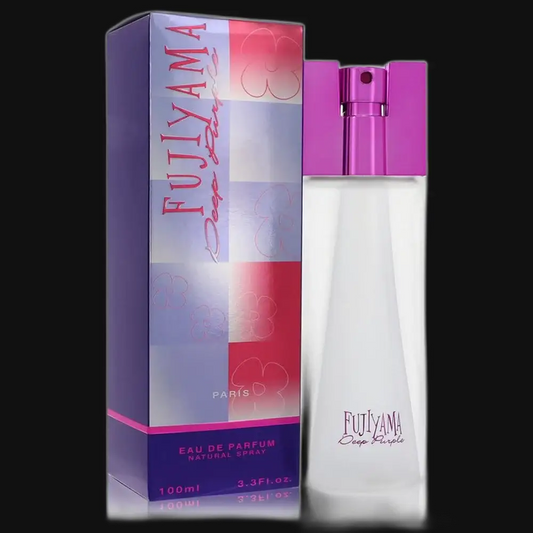 Women’s eau de parfum spray bottle with box, purple, white, and pink accents.