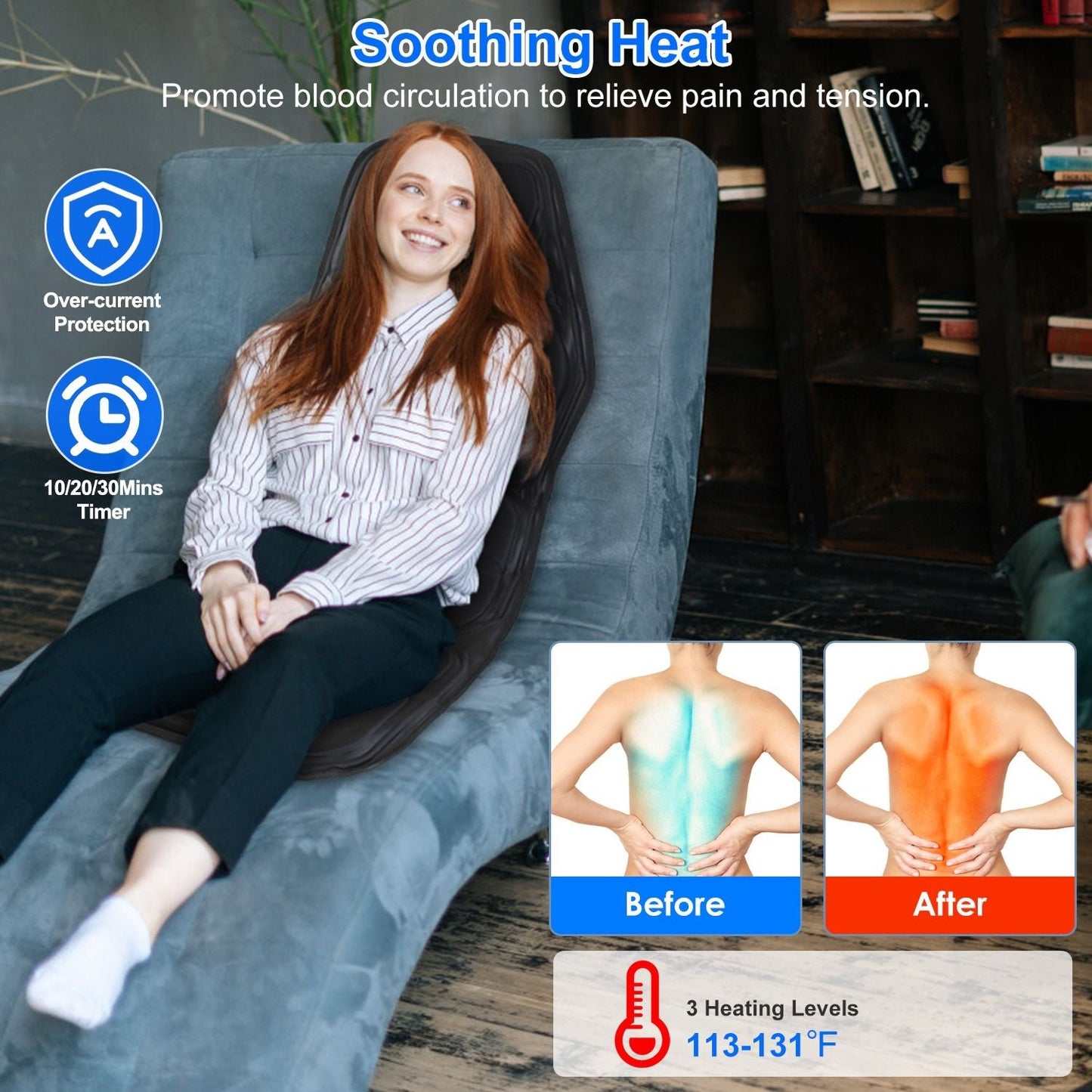 Full Body Massage Chair Pad with Heat Multifunctional Back Massager with Pinpoint Massage Vibration Timer for Home Office Car Use - Renee Lane Company