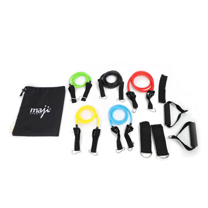 Workout resistance tube set with multi-color tubes, black handles, and storage bag