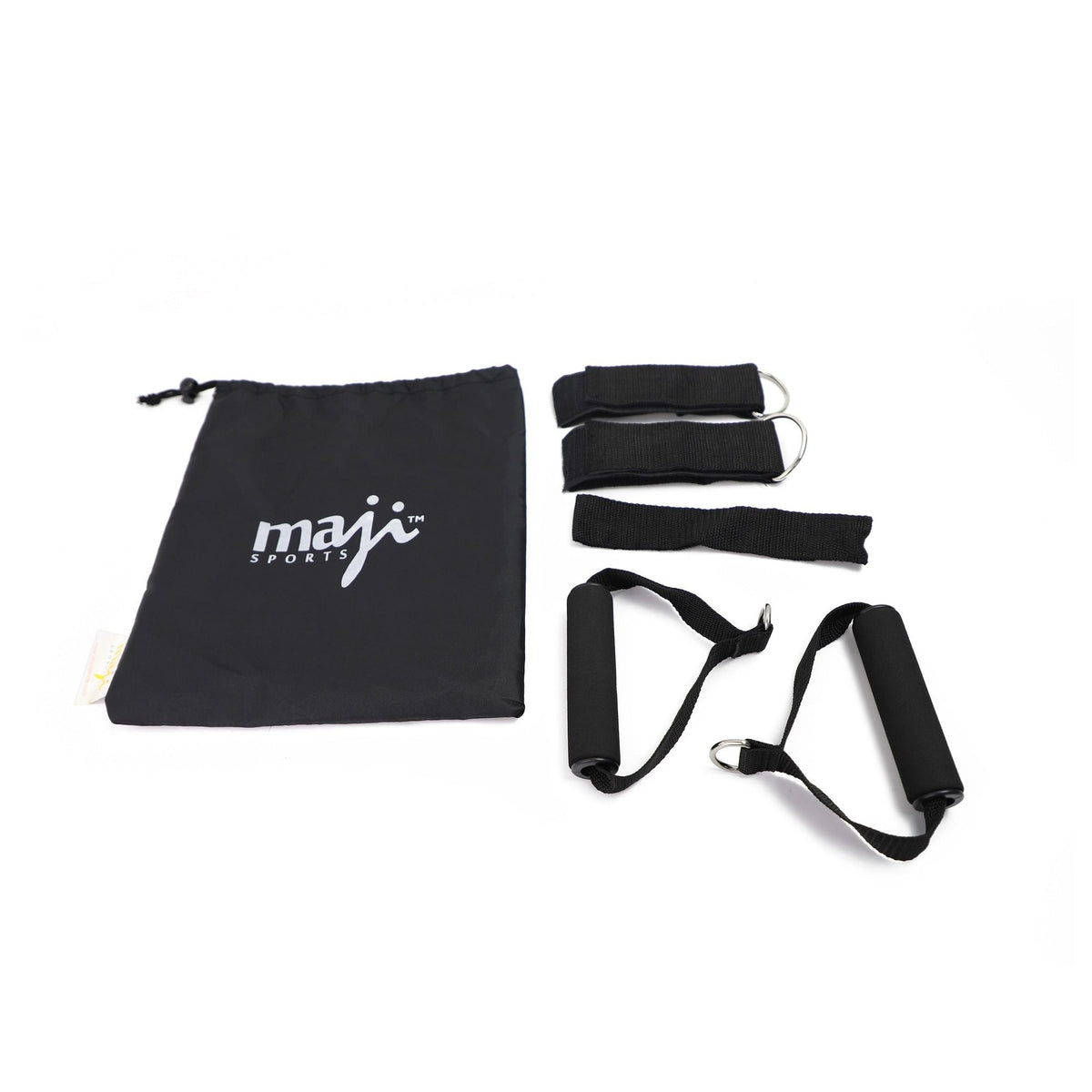 Resistance tube kit with black straps, two tube bands, and drawstring storage pouch