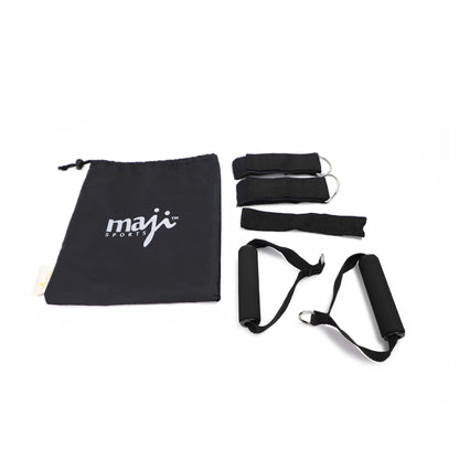 Resistance tube kit with black straps, two tube bands, and drawstring storage pouch