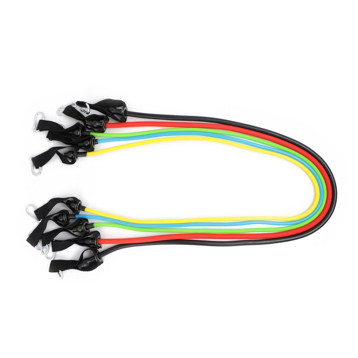 Resistance tube kit with four colored loops and black strap handles