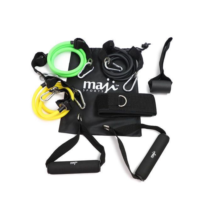 Resistance tube workout kit with multicolor tubes, clips, handles, and black pouch