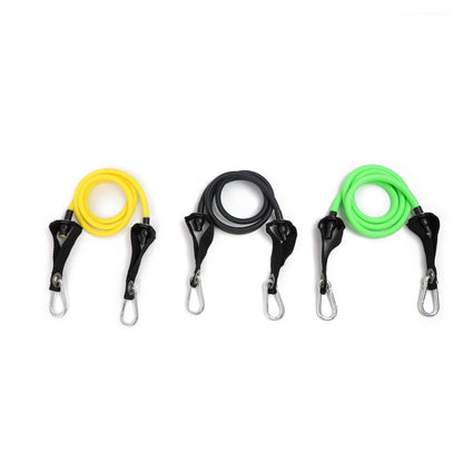 Three resistance tubes with black handles—yellow, black, and green