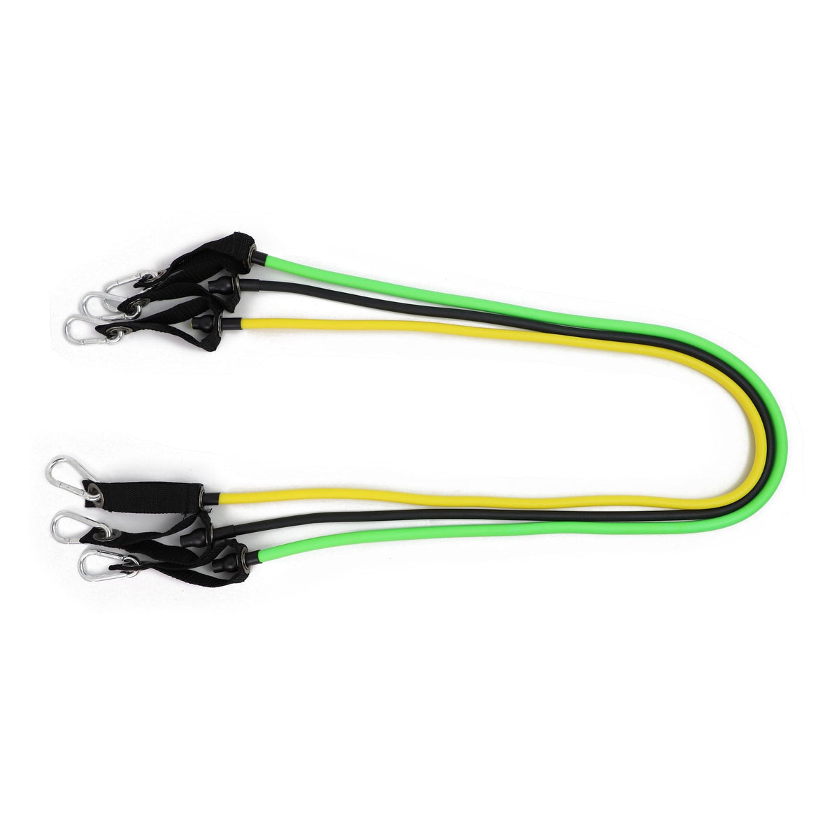 Two-loop resistance tubes with black handles and carabiner clips, green/yellow