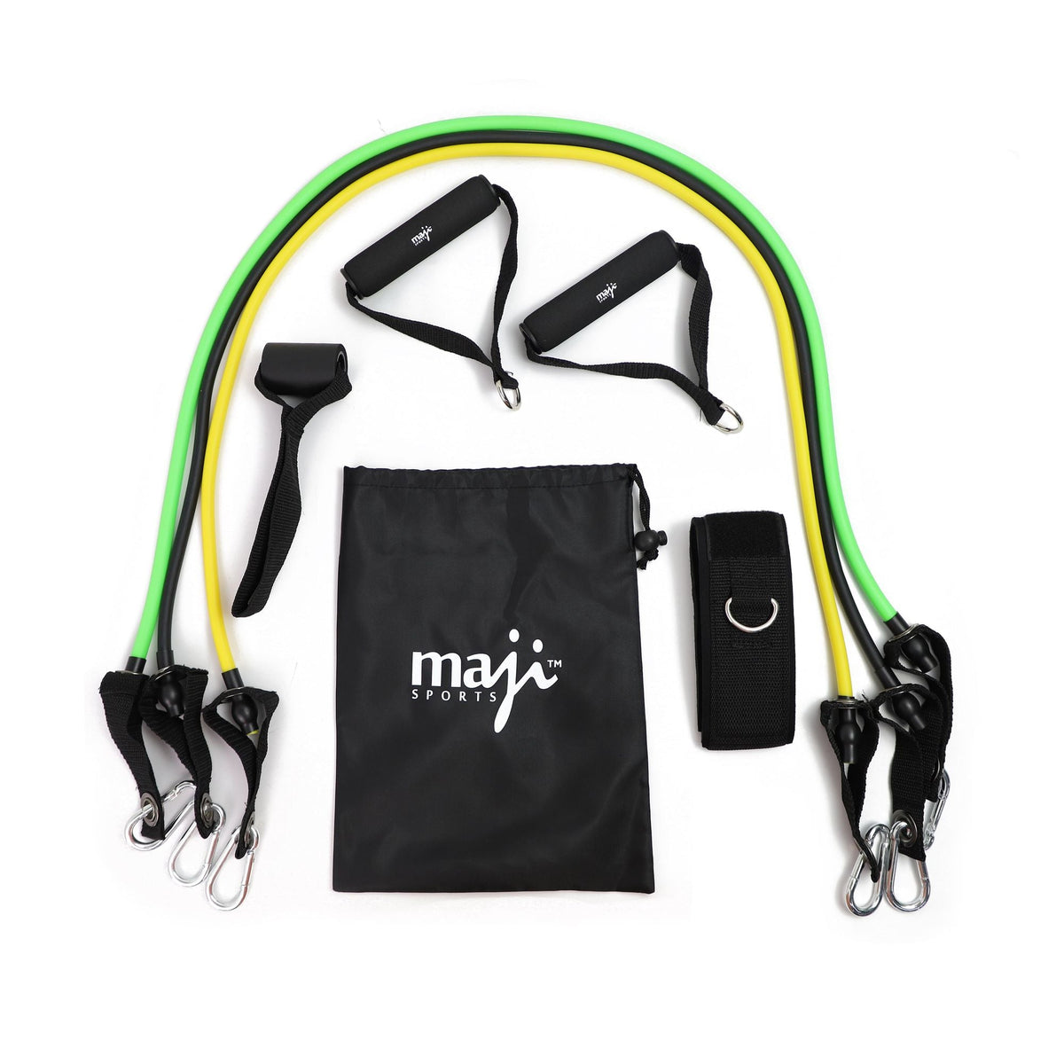 Resistance tube set with green/yellow tubing, black handles, clips, and storage bag