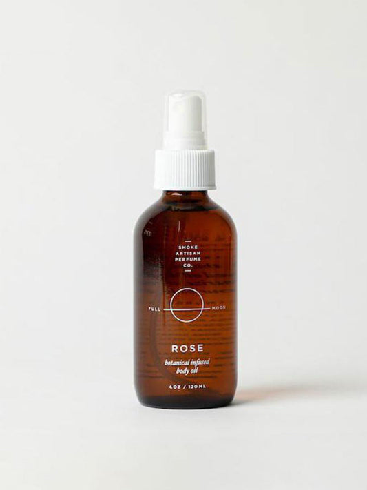 Rose body oil bottle, amber glass with white pump sprayer, 4 fl oz