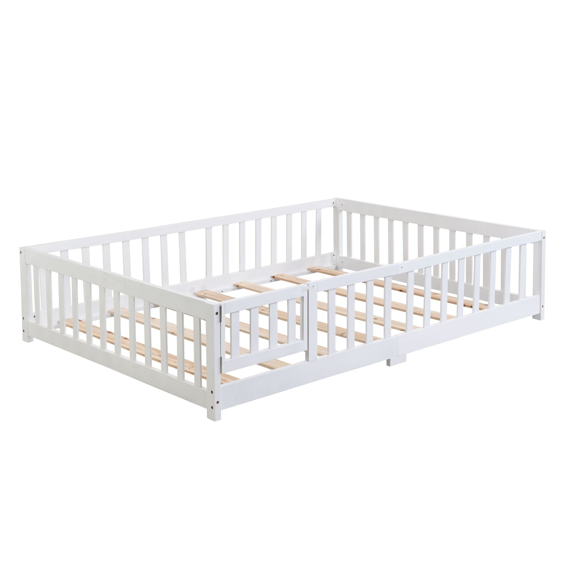 Full Size Floor Bed with Door, Solid Wood Platform Bed Frame with Fence, Suitable for children, Pine Wood - Renee Lane Company