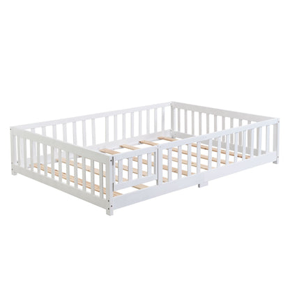 Full Size Floor Bed with Door, Solid Wood Platform Bed Frame with Fence, Suitable for children, Pine Wood - Renee Lane Company