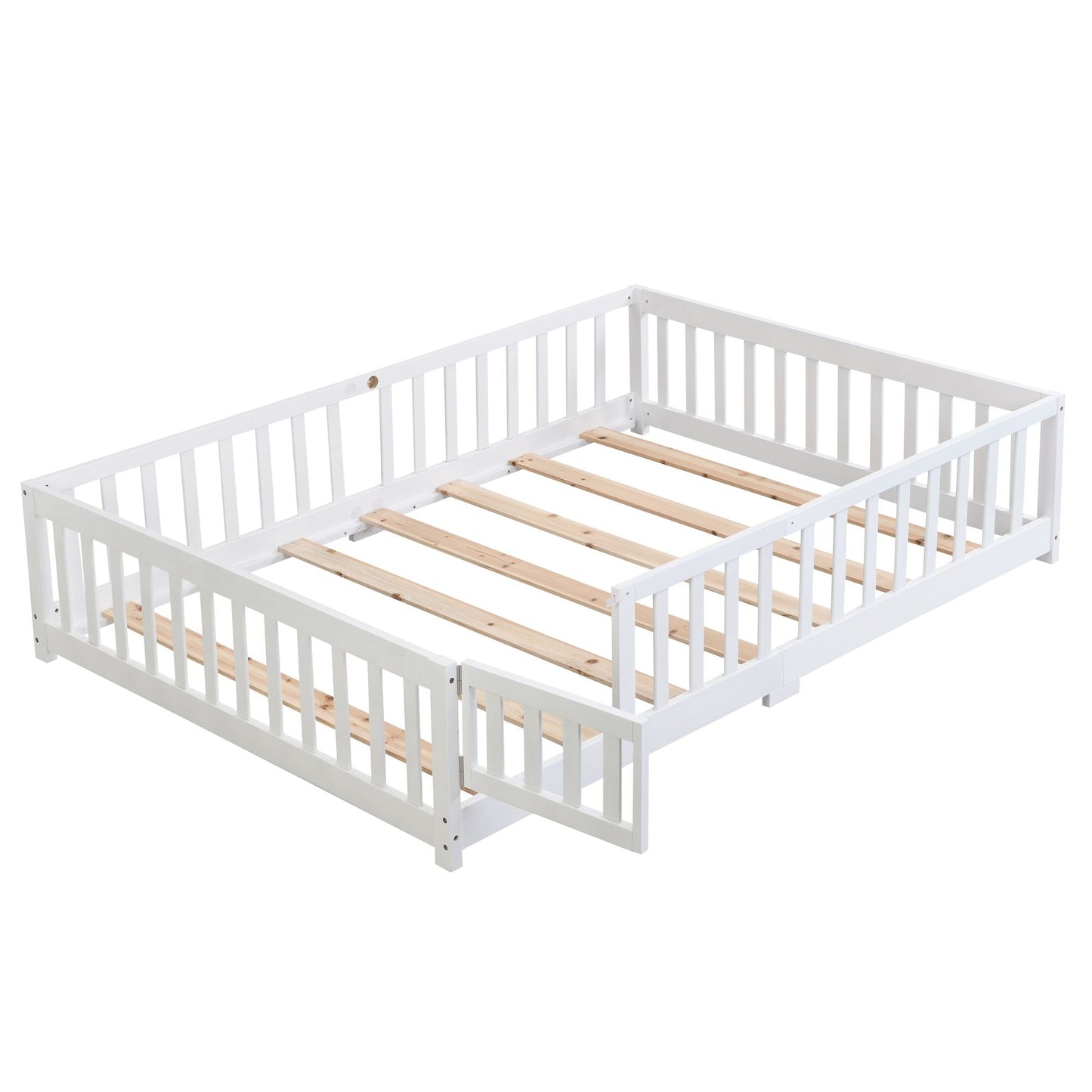 Full Size Floor Bed with Door, Solid Wood Platform Bed Frame with Fence, Suitable for children, Pine Wood - Renee Lane Company