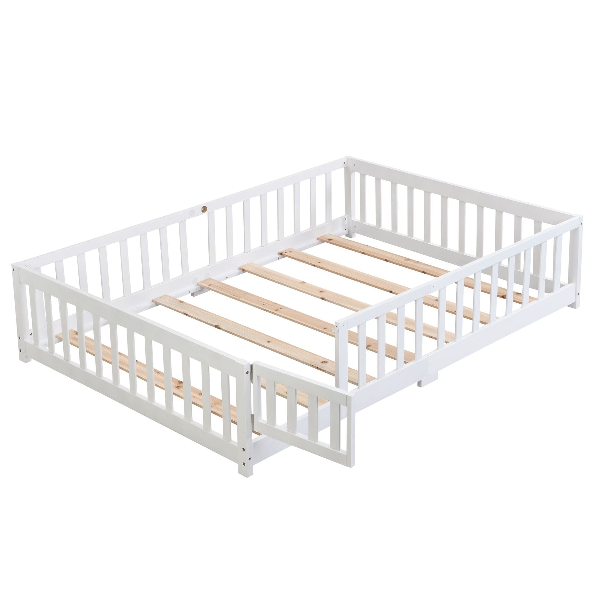 Full Size Floor Bed with Door, Solid Wood Platform Bed Frame with Fence, Suitable for children, Pine Wood - Renee Lane Company