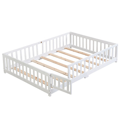 Full Size Floor Bed with Door, Solid Wood Platform Bed Frame with Fence, Suitable for children, Pine Wood - Renee Lane Company