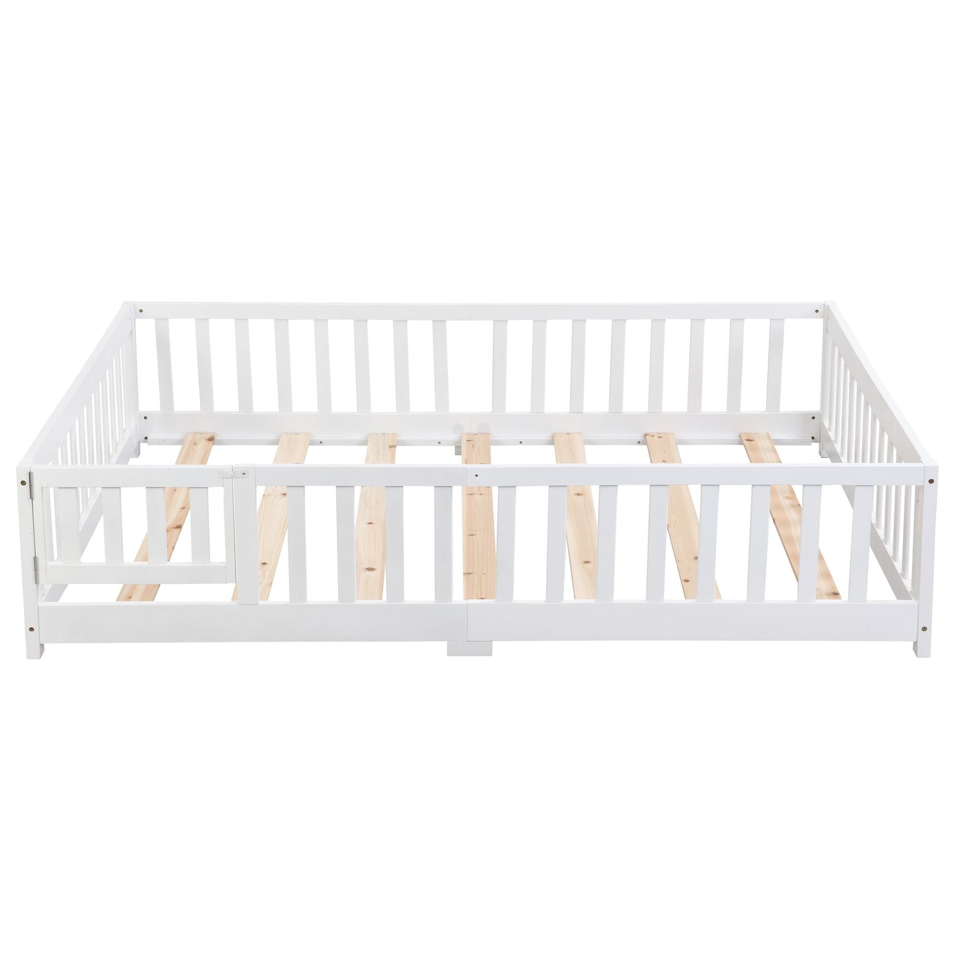 Full Size Floor Bed with Door, Solid Wood Platform Bed Frame with Fence, Suitable for children, Pine Wood - Renee Lane Company