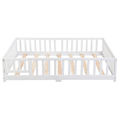 Full Size Floor Bed with Door, Solid Wood Platform Bed Frame with Fence, Suitable for children, Pine Wood - Renee Lane Company