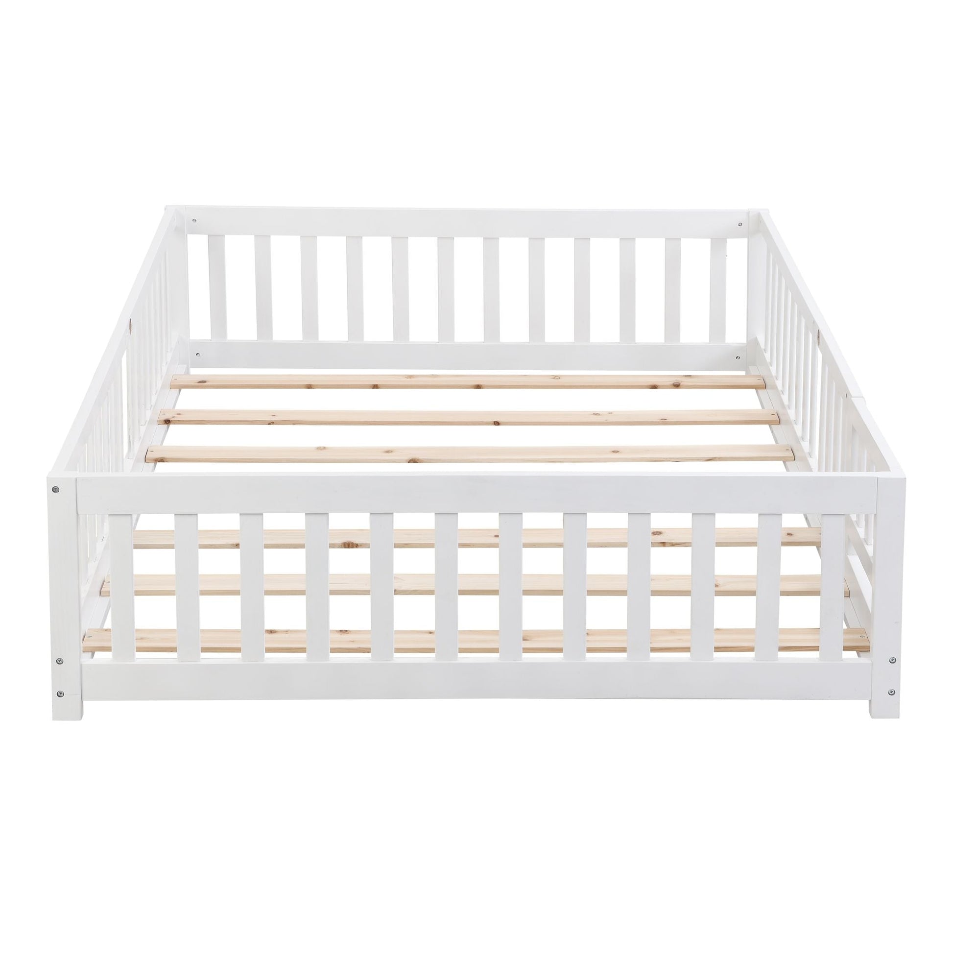Full Size Floor Bed with Door, Solid Wood Platform Bed Frame with Fence, Suitable for children, Pine Wood - Renee Lane Company