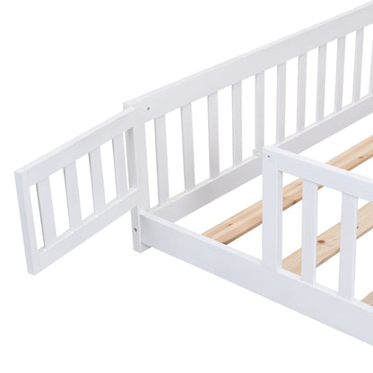 Full Size Floor Bed with Door, Solid Wood Platform Bed Frame with Fence, Suitable for children, Pine Wood - Renee Lane Company