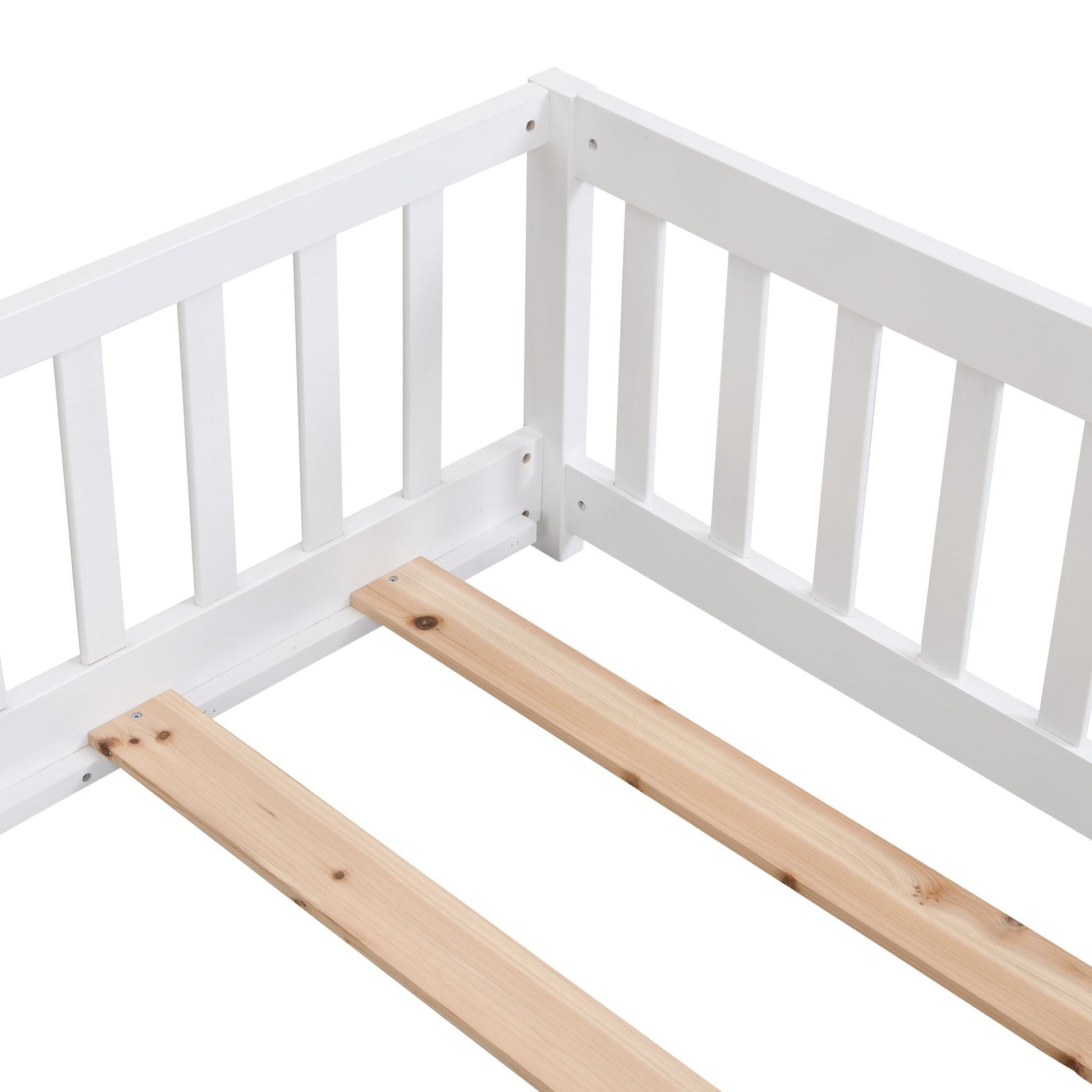Full Size Floor Bed with Door, Solid Wood Platform Bed Frame with Fence, Suitable for children, Pine Wood - Renee Lane Company