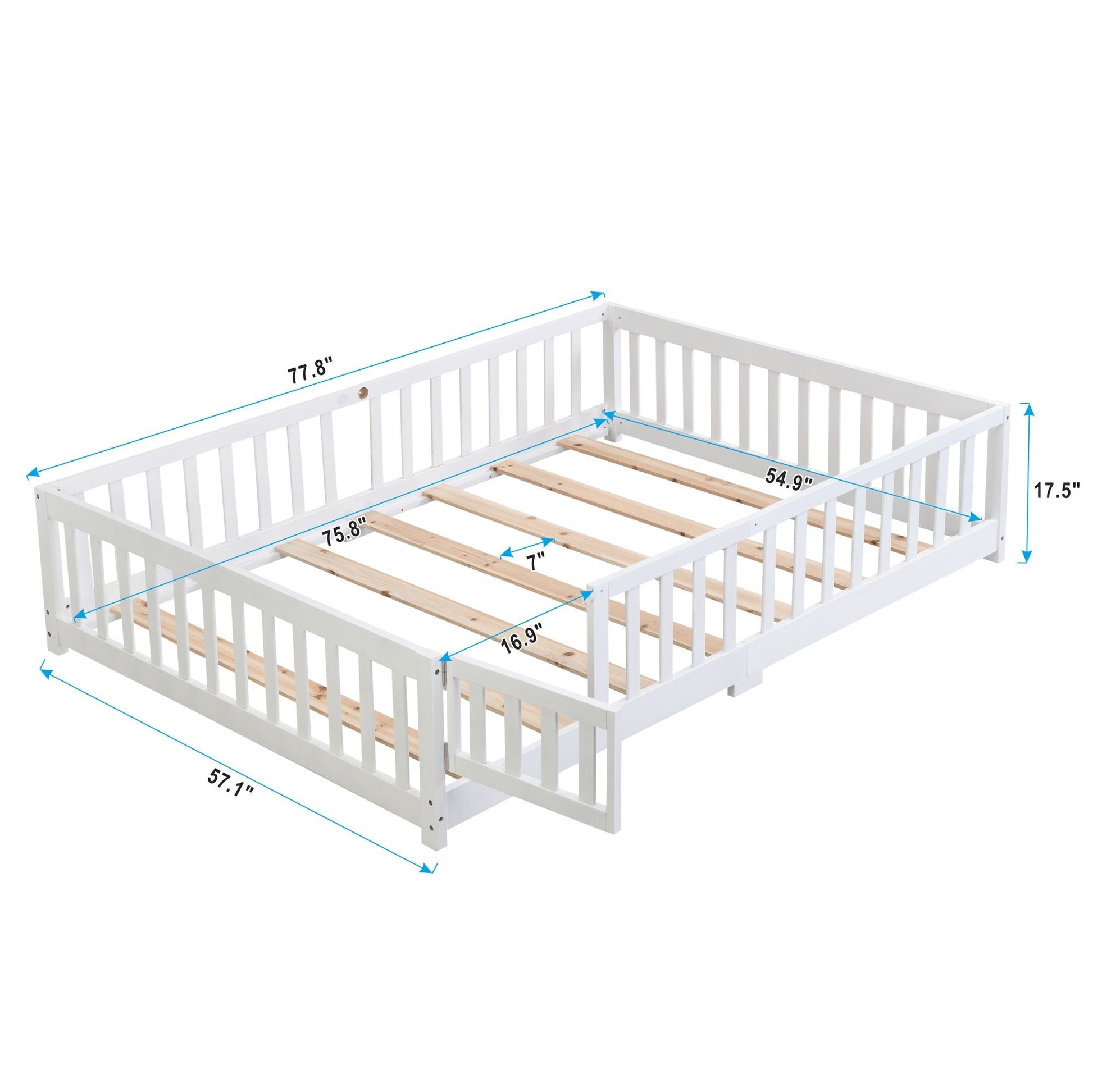 Full Size Floor Bed with Door, Solid Wood Platform Bed Frame with Fence, Suitable for children, Pine Wood - Renee Lane Company