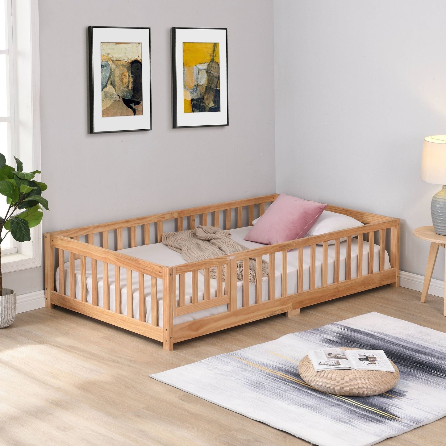 Full Size Floor Bed with Door, Solid Wood Platform Bed Frame with Fence, Suitable for children, Pine Wood - Renee Lane Company
