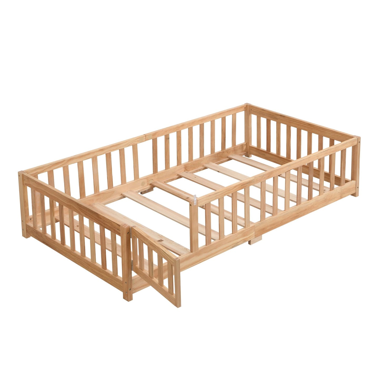Full Size Floor Bed with Door, Solid Wood Platform Bed Frame with Fence, Suitable for children, Pine Wood - Renee Lane Company