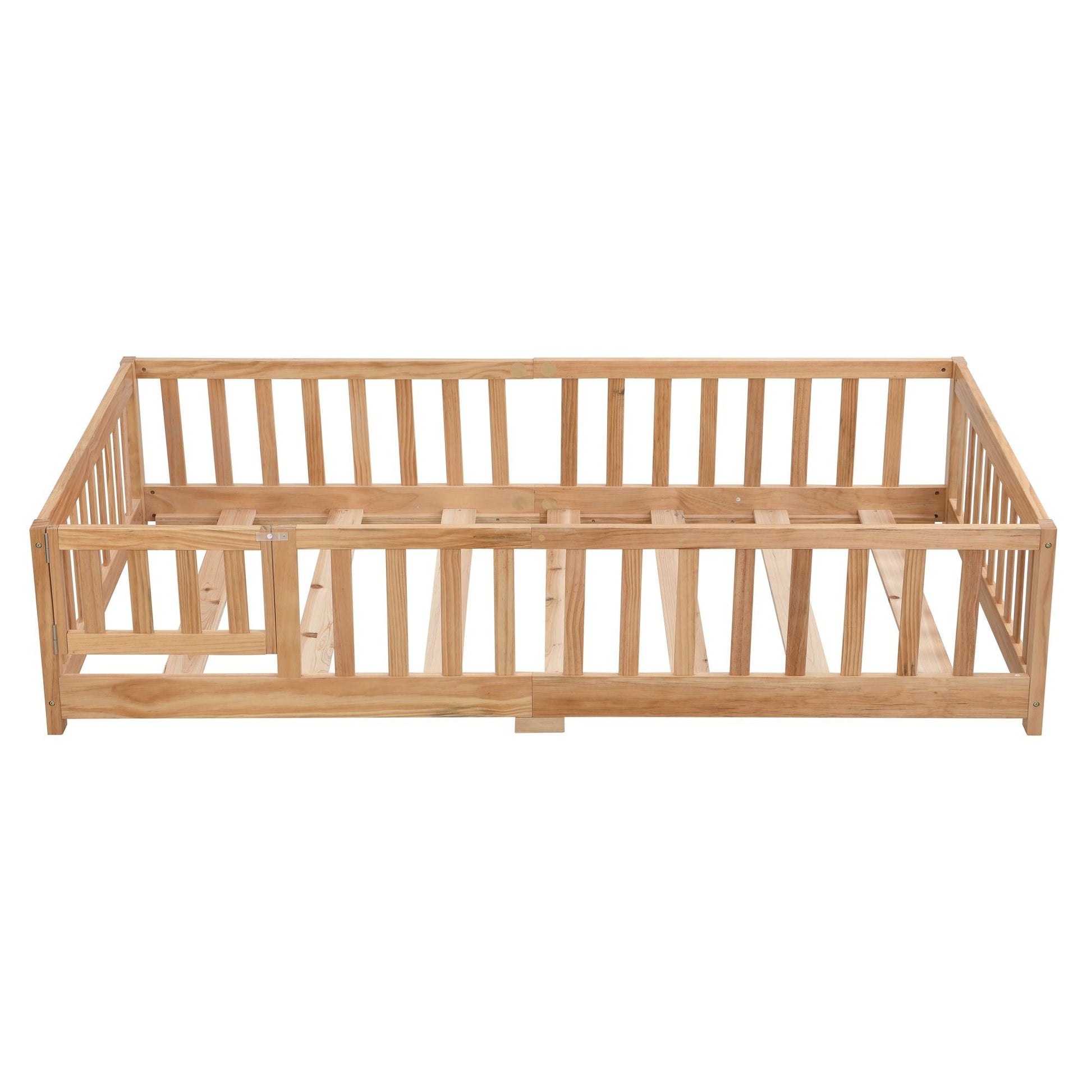 Full Size Floor Bed with Door, Solid Wood Platform Bed Frame with Fence, Suitable for children, Pine Wood - Renee Lane Company