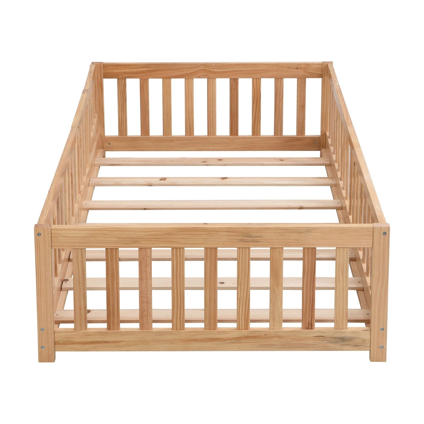 Full Size Floor Bed with Door, Solid Wood Platform Bed Frame with Fence, Suitable for children, Pine Wood - Renee Lane Company