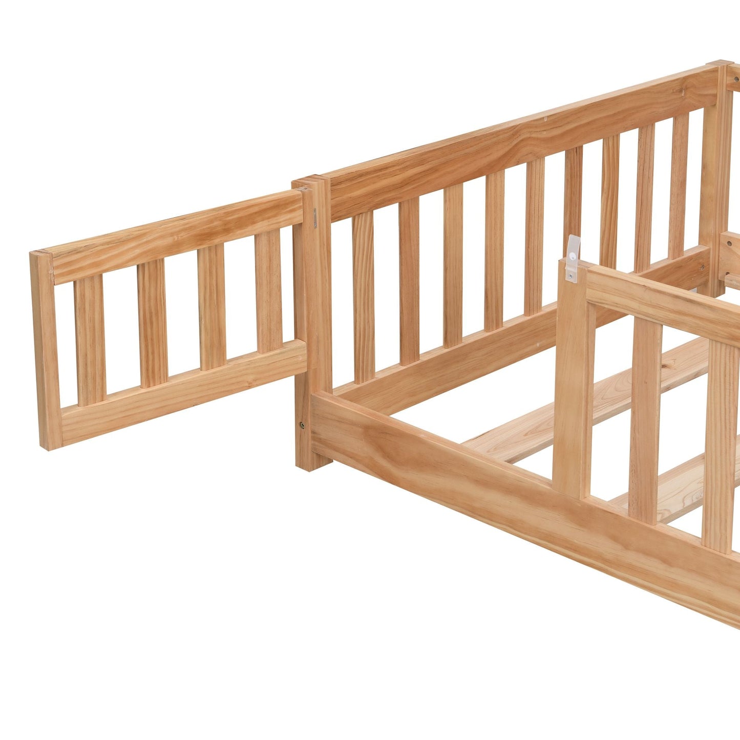 Full Size Floor Bed with Door, Solid Wood Platform Bed Frame with Fence, Suitable for children, Pine Wood - Renee Lane Company
