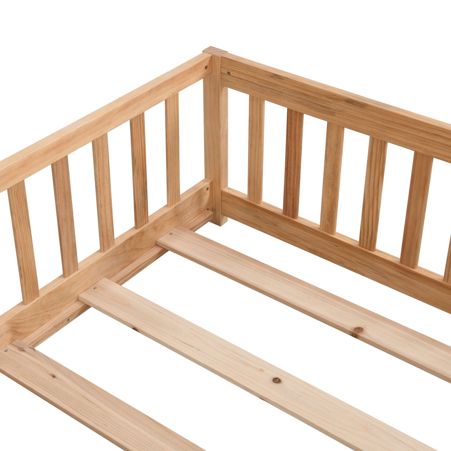 Full Size Floor Bed with Door, Solid Wood Platform Bed Frame with Fence, Suitable for children, Pine Wood - Renee Lane Company