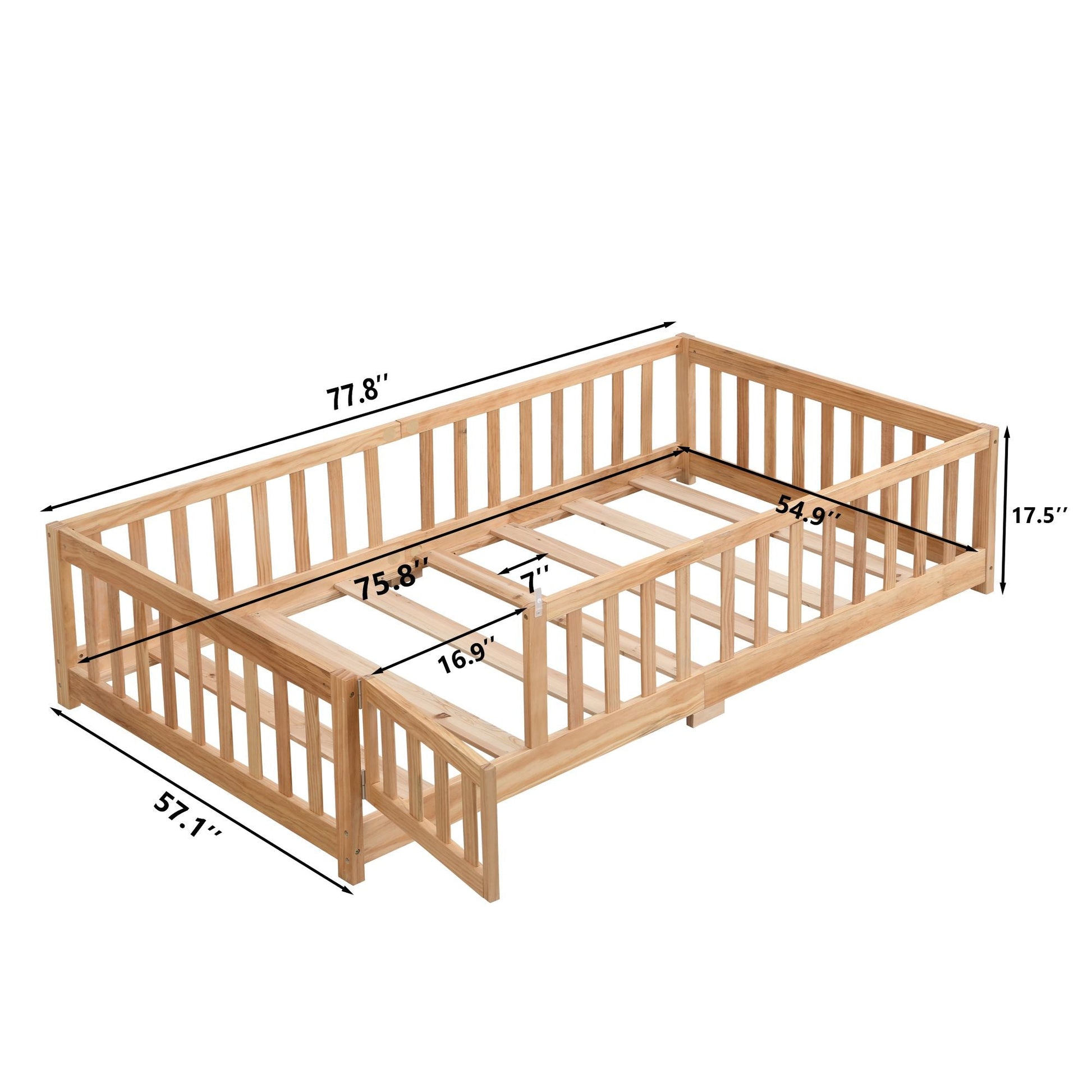 Full Size Floor Bed with Door, Solid Wood Platform Bed Frame with Fence, Suitable for children, Pine Wood - Renee Lane Company