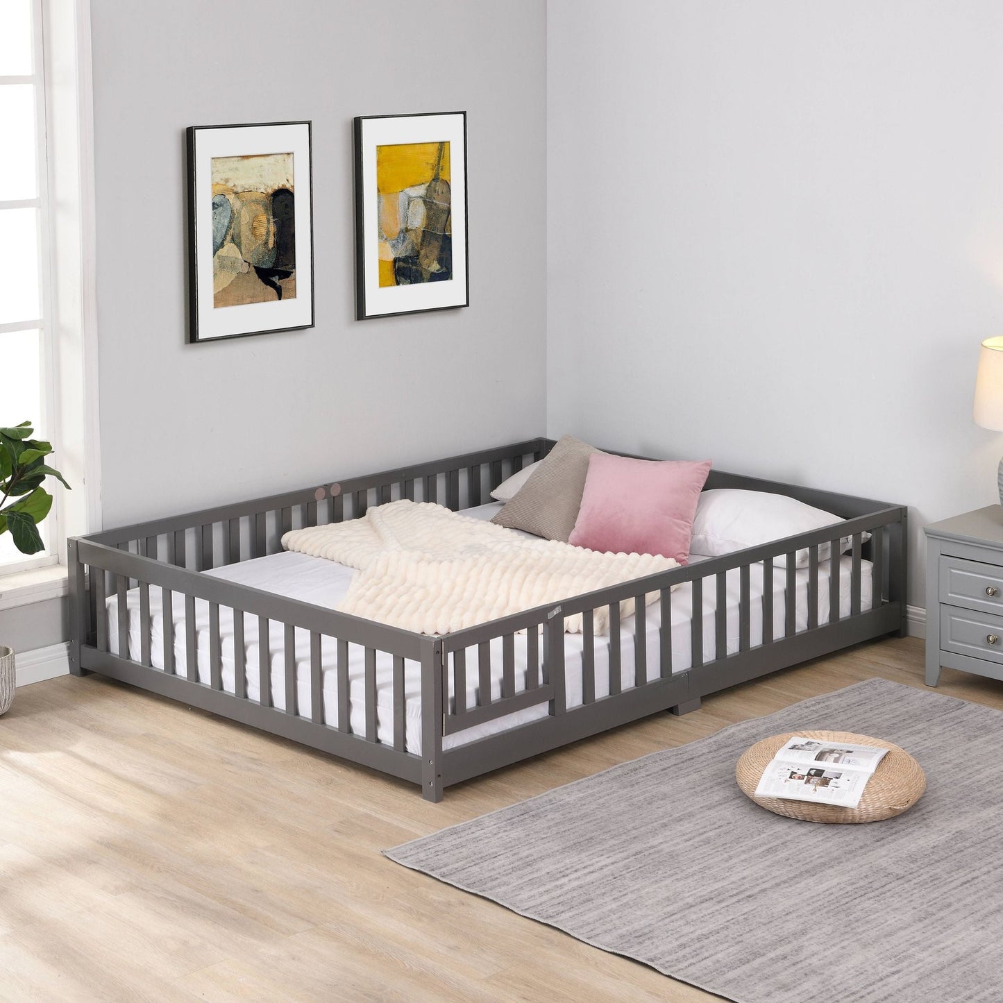 Full Size Floor Bed with Door, Solid Wood Platform Bed Frame with Fence, Suitable for children, Pine Wood - Renee Lane Company