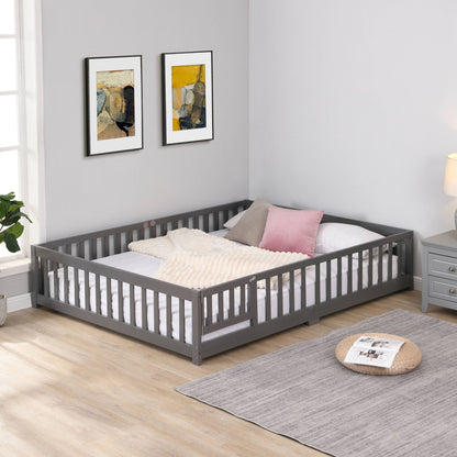 Full Size Floor Bed with Door, Solid Wood Platform Bed Frame with Fence, Suitable for children, Pine Wood - Renee Lane Company