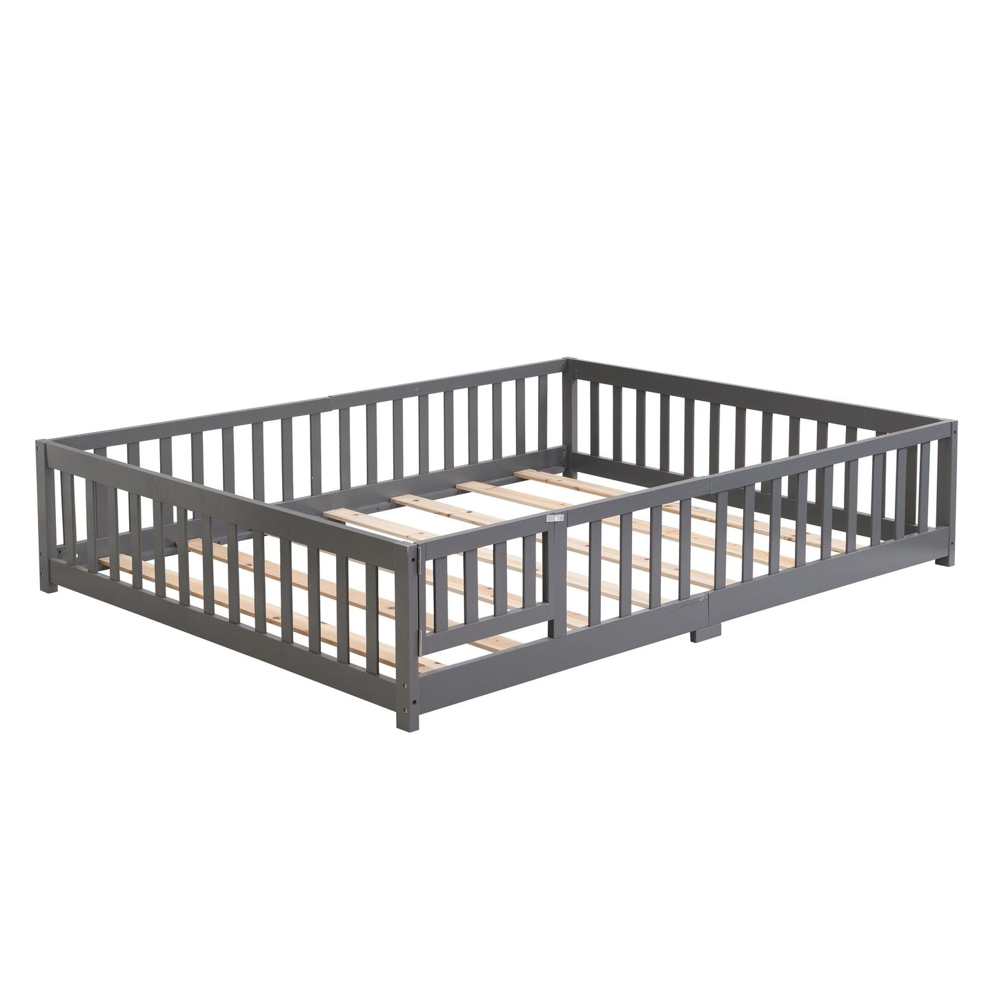 Full Size Floor Bed with Door, Solid Wood Platform Bed Frame with Fence, Suitable for children, Pine Wood - Renee Lane Company