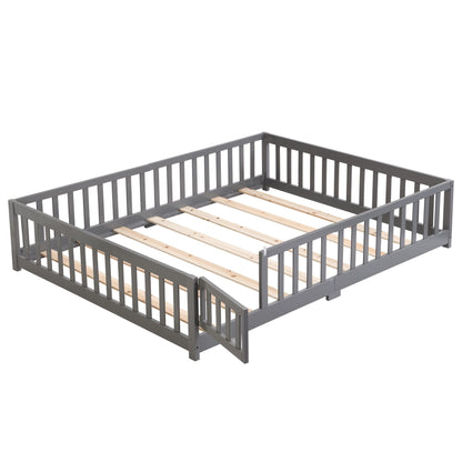 Full Size Floor Bed with Door, Solid Wood Platform Bed Frame with Fence, Suitable for children, Pine Wood - Renee Lane Company