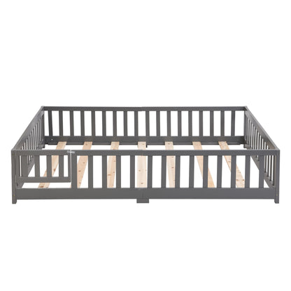Full Size Floor Bed with Door, Solid Wood Platform Bed Frame with Fence, Suitable for children, Pine Wood - Renee Lane Company