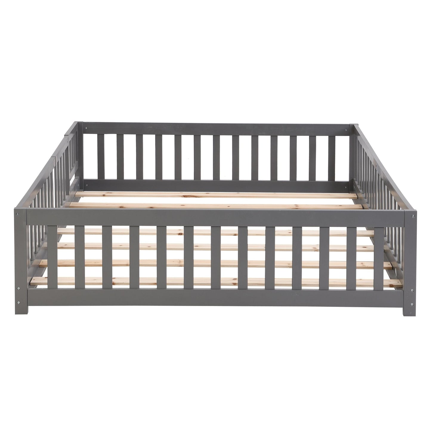 Full Size Floor Bed with Door, Solid Wood Platform Bed Frame with Fence, Suitable for children, Pine Wood - Renee Lane Company