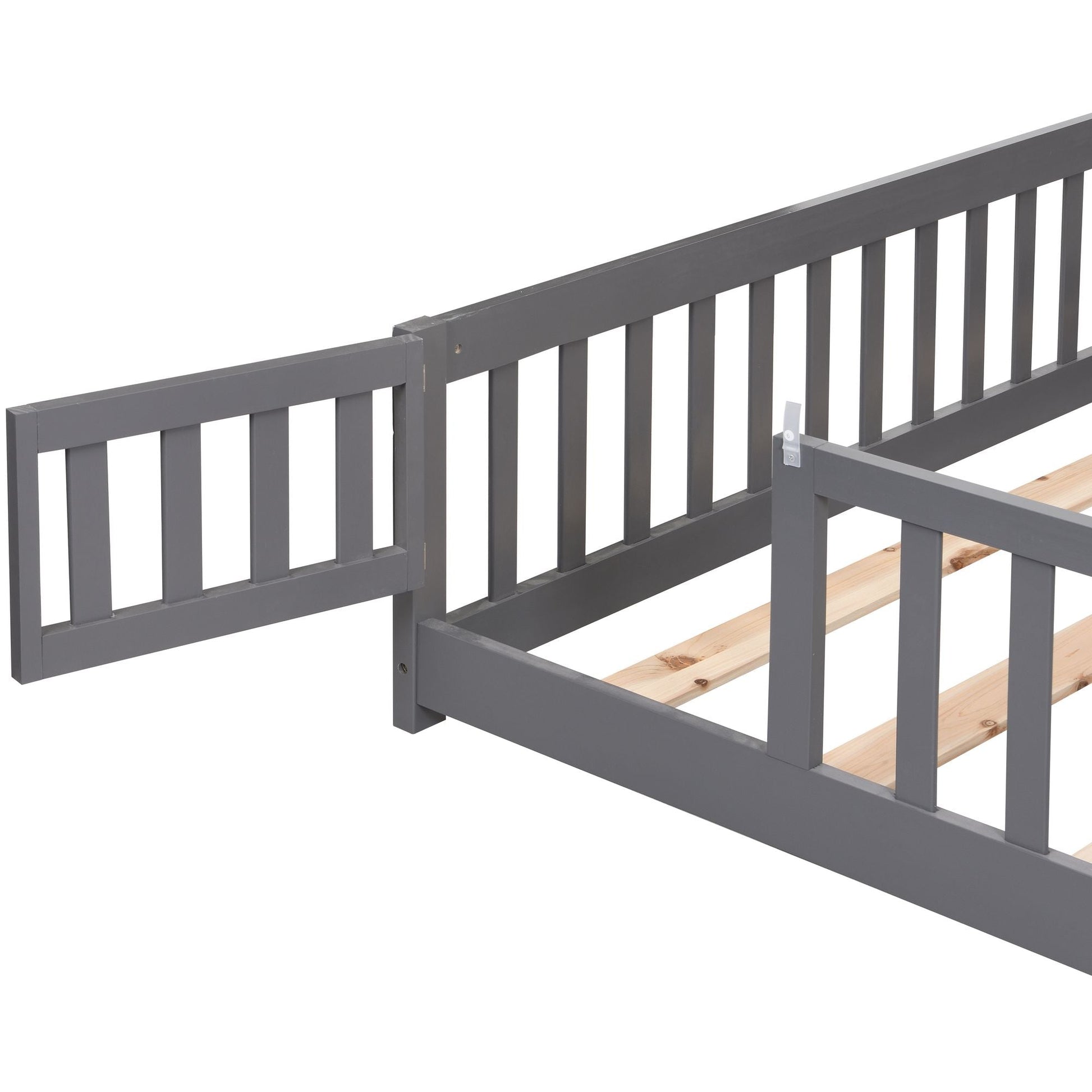 Full Size Floor Bed with Door, Solid Wood Platform Bed Frame with Fence, Suitable for children, Pine Wood - Renee Lane Company