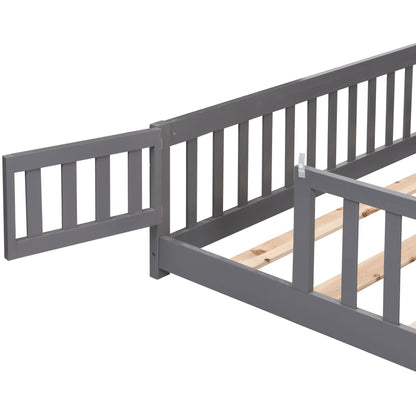 Full Size Floor Bed with Door, Solid Wood Platform Bed Frame with Fence, Suitable for children, Pine Wood - Renee Lane Company