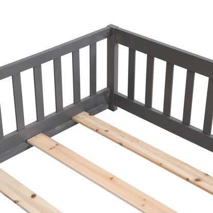 Full Size Floor Bed with Door, Solid Wood Platform Bed Frame with Fence, Suitable for children, Pine Wood - Renee Lane Company