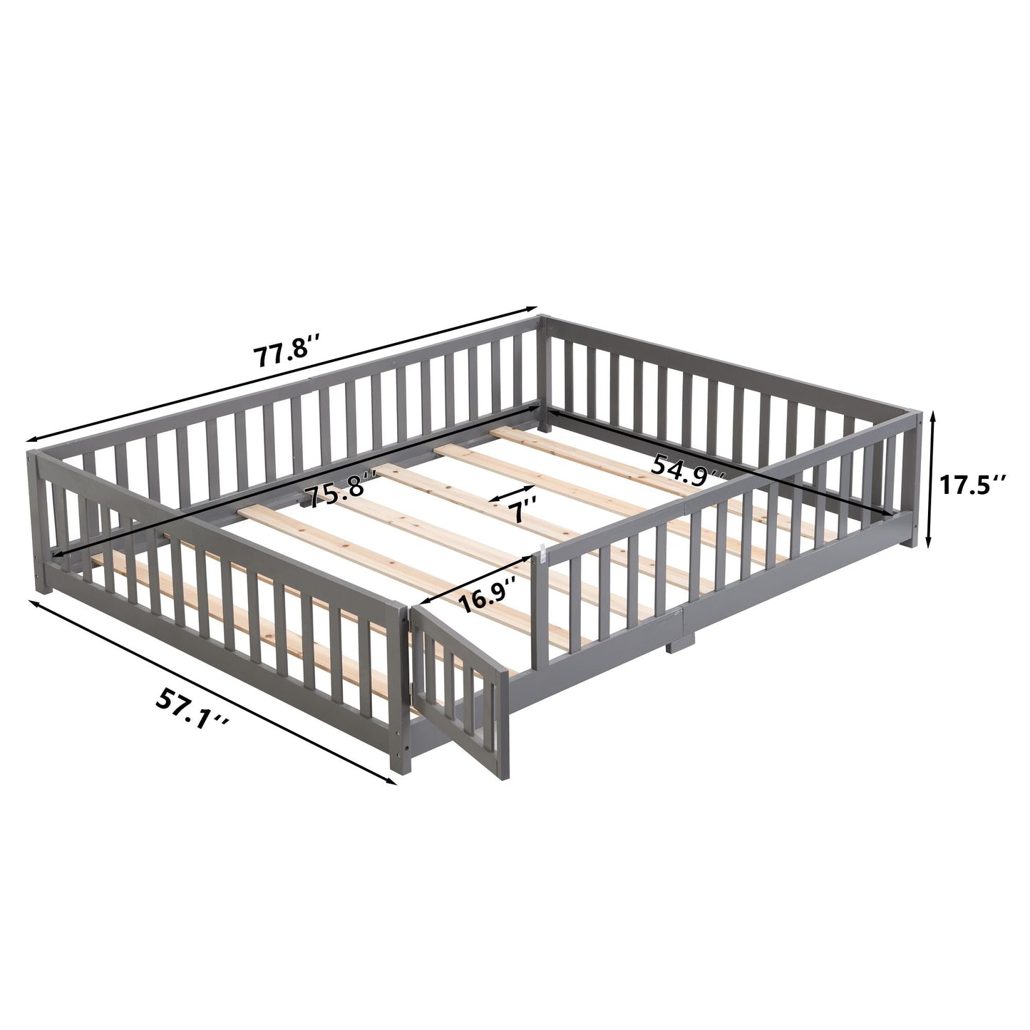 Full Size Floor Bed with Door, Solid Wood Platform Bed Frame with Fence, Suitable for children, Pine Wood - Renee Lane Company