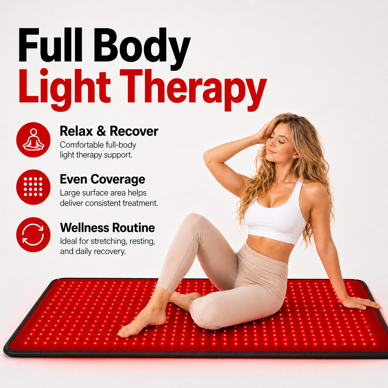 FullGlow light therapy mat with red LED lights under a seated person