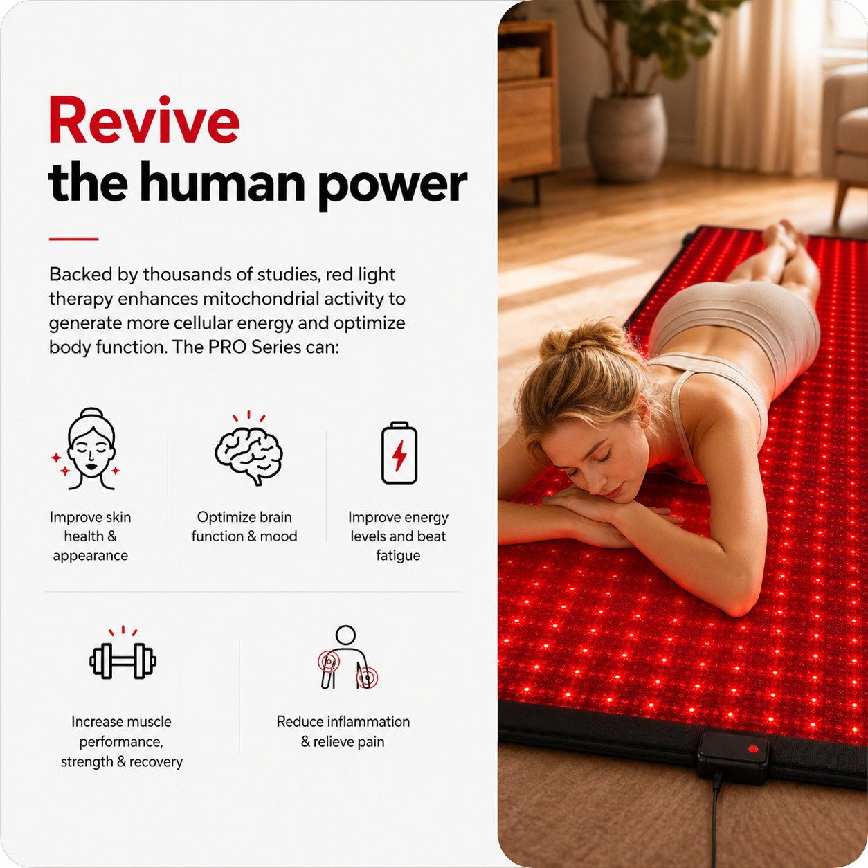 FullGlow light therapy mat with red LEDs and a reclining person