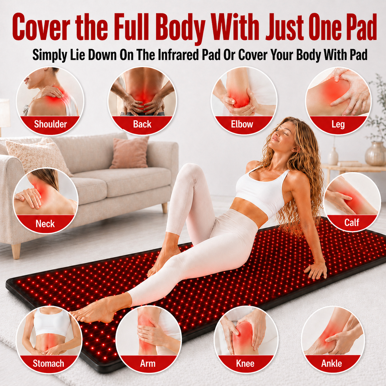 FullGlow light therapy pad with red LED lights, person reclining on the mat