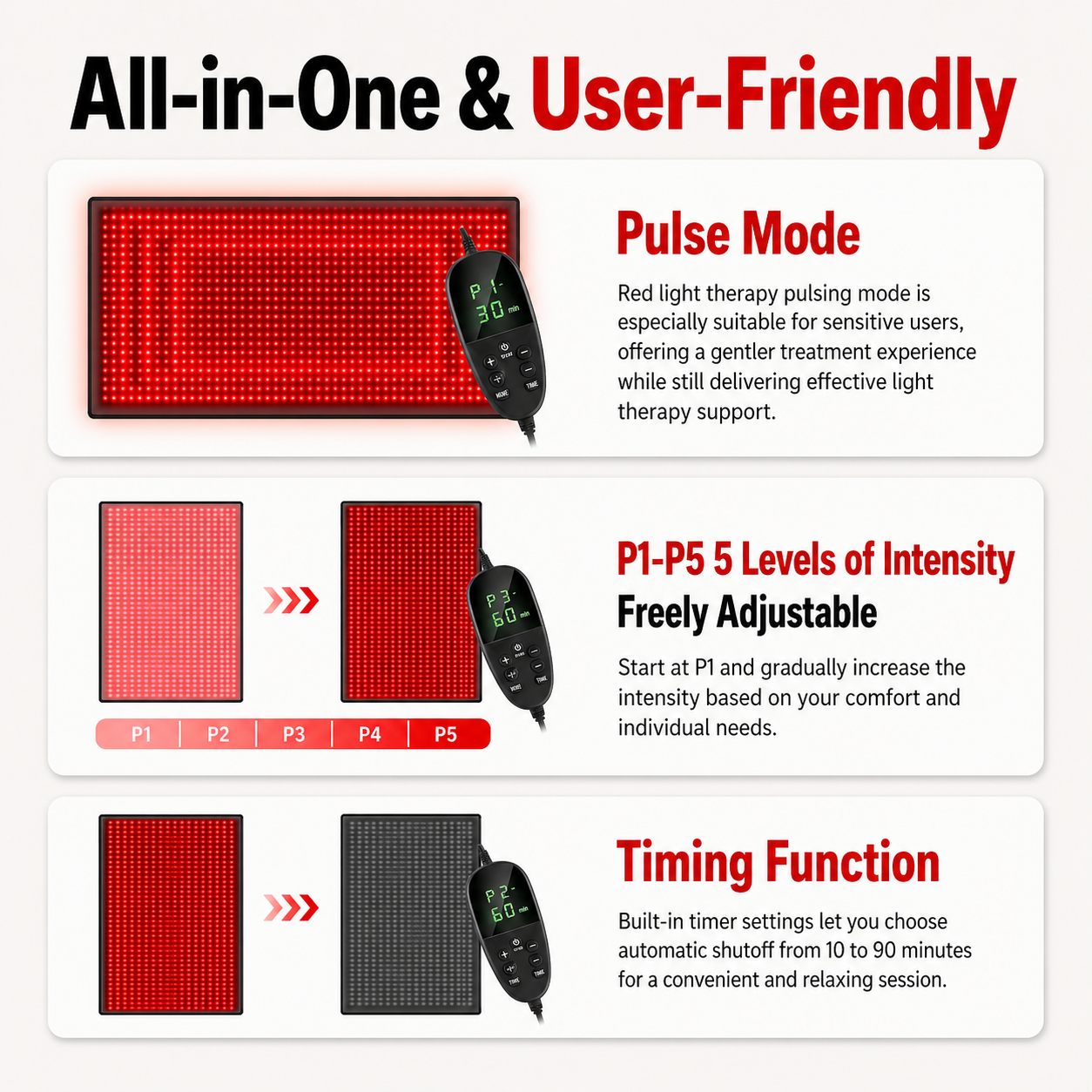 FullGlow light therapy mat with controller, red LED panel for pulse and levels