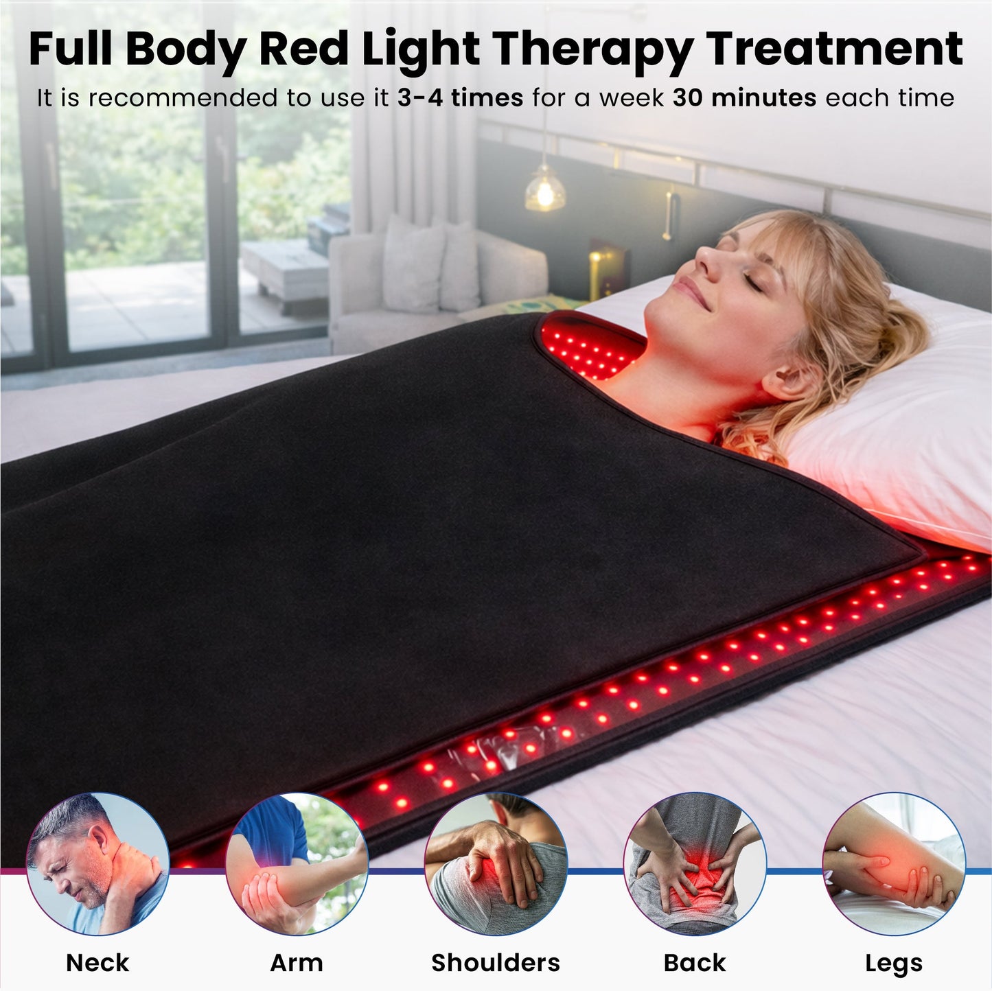Red LED light therapy mat on a bed, full-length coverage for body treatment