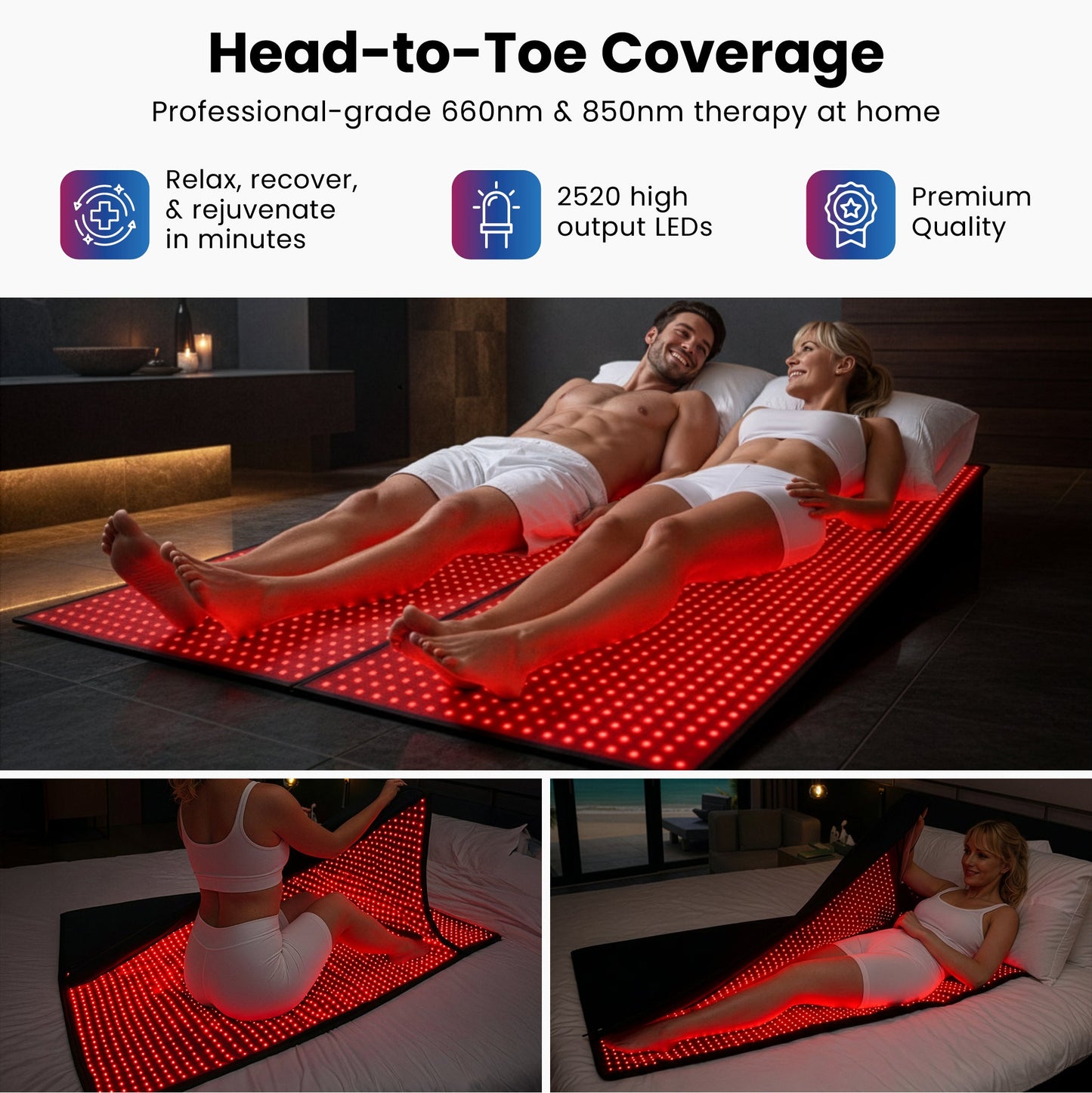 Red LED light therapy mat with head-to-toe coverage, people lying on glowing surface
