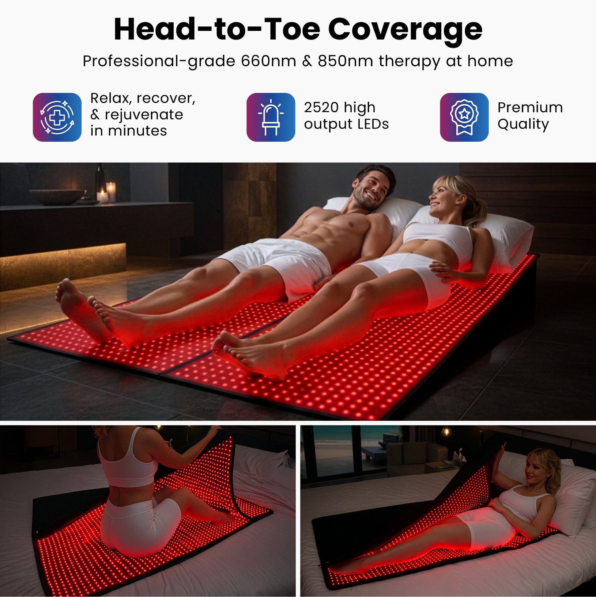 Red LED light therapy mat with head-to-toe coverage, people lying on glowing surface