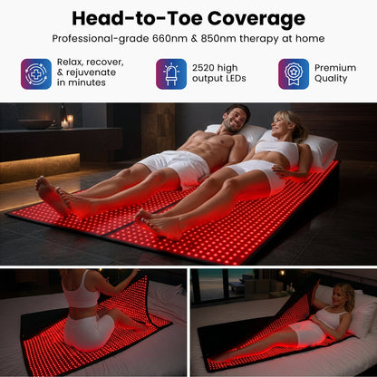 Red LED light therapy mat with head-to-toe coverage, people lying on glowing surface