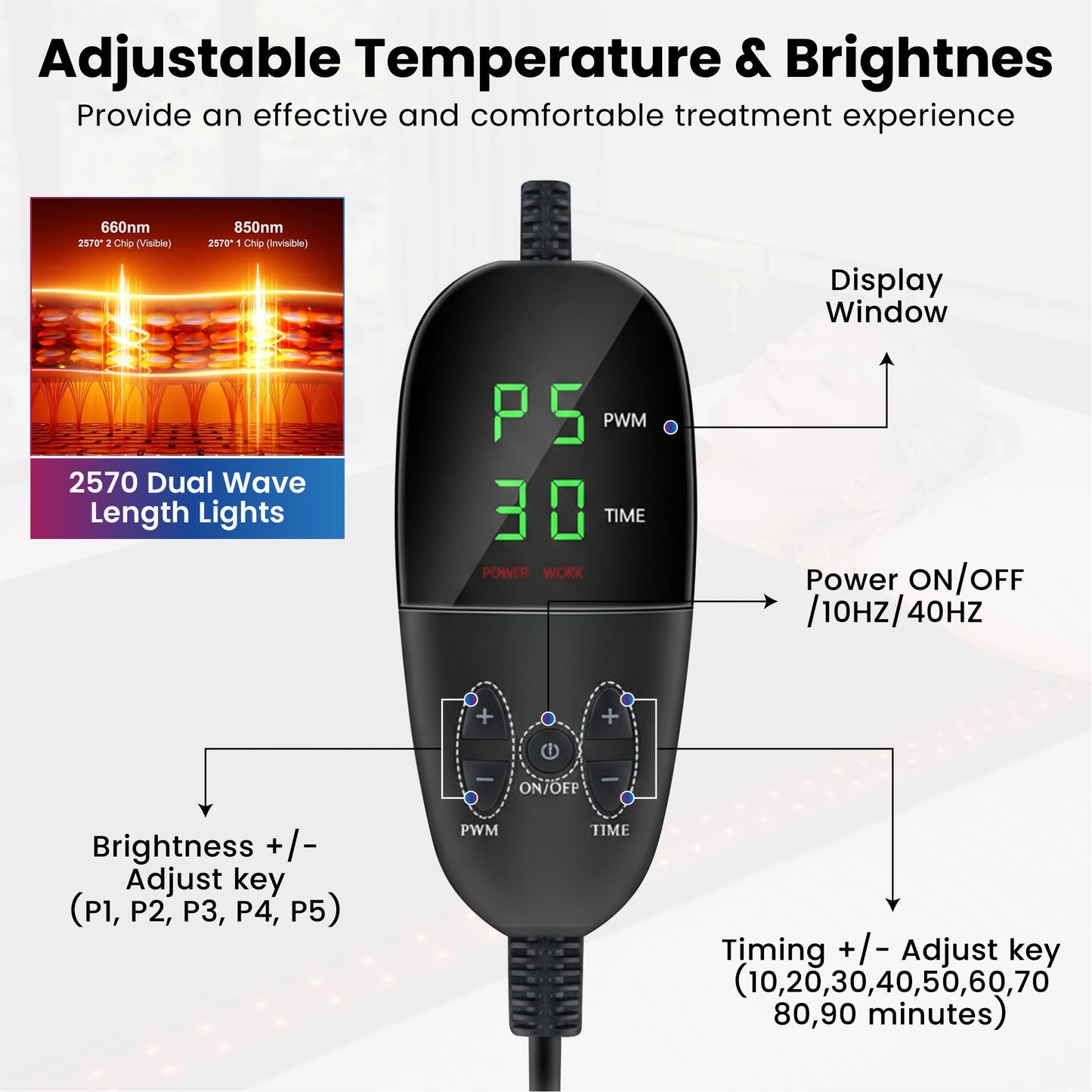 Red light therapy controller with digital display and adjustable brightness/time buttons