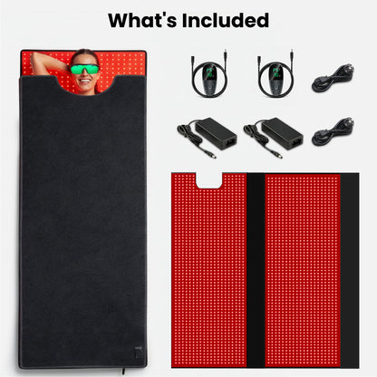 Red LED light therapy mat set with two pads and black power controller cables